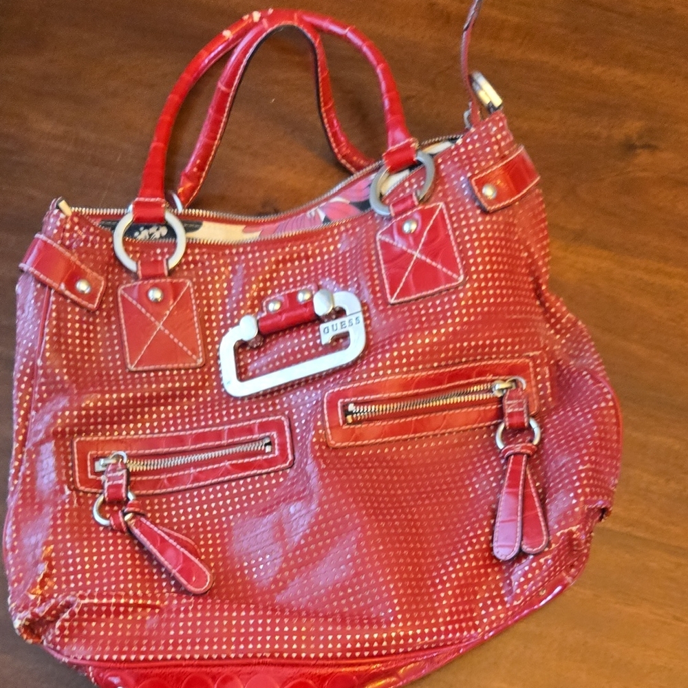 Guess Red Tote Bag with Silver Accents